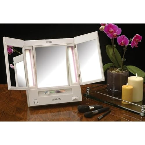 JERDON Tri-Fold Two-Sided Makeup Mirror with Lights - Vanity Mirror with 5X Magnification & Multiple Light Settings - White Base - Model JGL9W