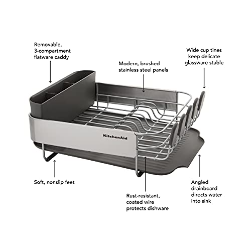 KitchenAid Compact Gray Dish Rack - Space Saving Rust-Resistant with Drain Board & Flatware Caddy - 16.06-Inch