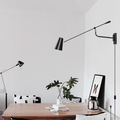 Matte Black Adjustable Wall Lamp Swing Arm Wall Sconce with White Shade and Gold Accents