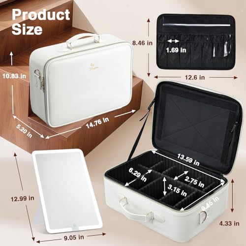 Cream Large Makeup Bag with LED Mirror - Travel Organizer for Artists