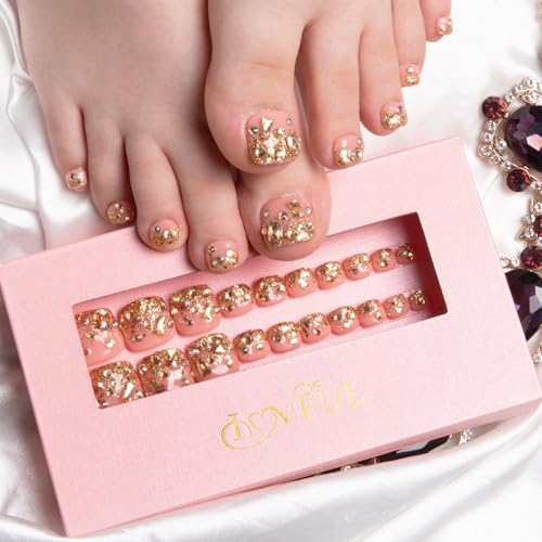 Press On Toenails Golden Glitter - Reusable Fake Toe Nails 20 PCS - Free Size