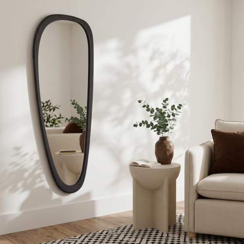 WallBeyond 48" x 22" Irregular Wooden Wall Mirror - Dark Brown, Mid Century Modern Decor
