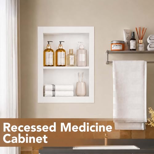 White 14x18'' Recessed Solid Wood Medicine Cabinet with 2-Tier Shelves - No Mirror