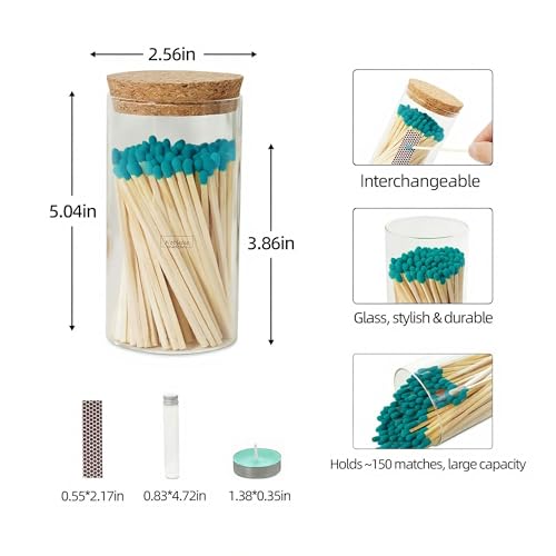 Colored Safety Matches | 4-Inch Long Matches in Glass Jar | Perfect for Lighting Candles | 150 PIECES | 10 CANDLES AND EXTRA EMPTY JAR GIFT (GREEN)