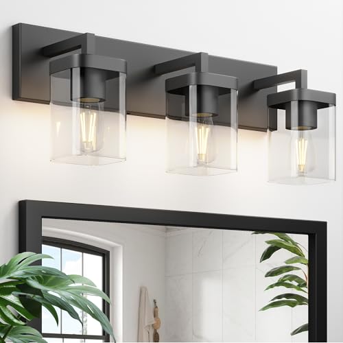 Bathroom Vanity Light Fixture - Black 3-Light Square Design & Large Backplate - Modern Wall Sconce Variation of THIS listing