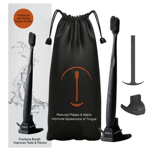 Black TOKII 2-in-1 Tongue Scraper & Toothbrush - Charcoal Soft Bristles, Travel Pouch