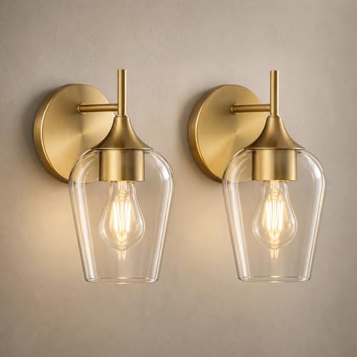Hamilyeah Gold Brass Wall Sconce Set of 2 - Modern Vintage Bathroom & Bedroom Lighting with Champagne Glass Shades