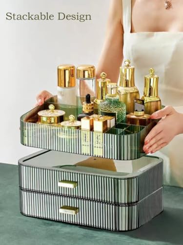 Makeup Organizer with Stackable Drawers and Tray - Clear Green, Tray & Drawer