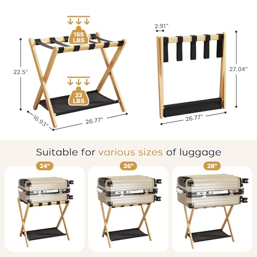 oakvivo Natural Bamboo Foldable Luggage Rack 2-Pack with Storage Shelf for Guest Room