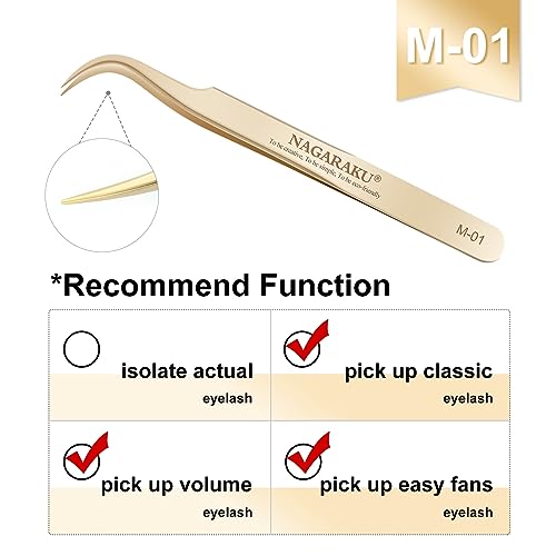 NAGARAKU Tweezers for Eyelash Extensions Straight and Curved Precision Professional Volume Easy Fanning lash Precise Point 1 Pair Tweezers for Lash(M-01 and M-02)