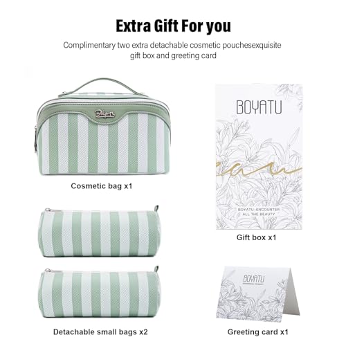 BOYATU Green Striped Travel Makeup Bag Set with Detachable Compartments - Model A-2