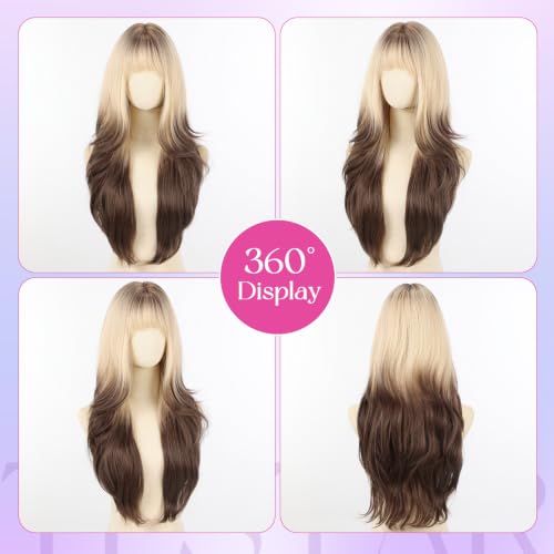 Ombre Blonde Brown Long Wavy Heat-Resistant Wig with Bangs - 26 Inch for Women - Natural Synthetic Layered Style