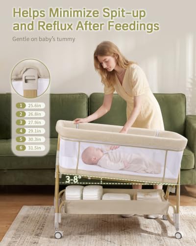 Baby Bassinet Bedside Crib - 3-in-1 Rocking & Folding Bed with Wheels, Adjustable Height, Mesh Sides - Beige