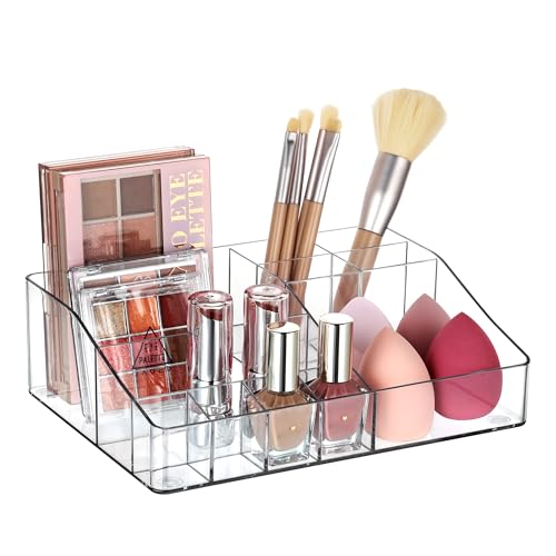 Vtopmart 1 Tier Clear Makeup Organizer with Drawer, Cosmetic Storage for Dresser Countertop and Bathroom Vanity, Beauty Holder for Lipstick Brush Skincare
