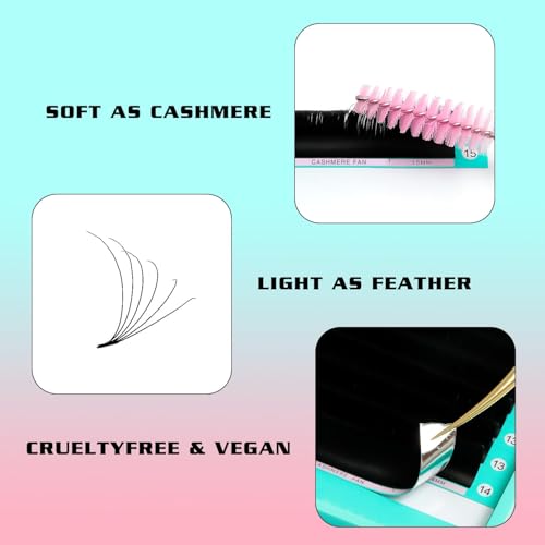 VAVALASH Cashmere Easy Fan Lashes 0.03 0.05 0.07 C/CC/D/DD Volume Lash Extensions 8MM-20MM Matte Black Self Fanning Eyelash Extensiones, Professional Supplies for Lash Artists (D-0.05,8-15mm)
