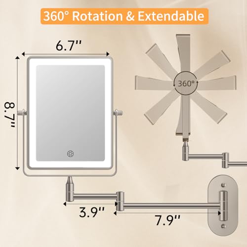 FUNTOUCH 5000mAh Rechargeable Wall Mounted Makeup Mirror with Lights, 8.7" Double Sided 1X/30X Magnifying Mirror with Dimmable 3 Color Light, Extended Swing Arm 360¡Æ Wall Mount Bathroom Vanity Mirror