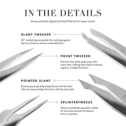 Tweezerman Mini Slant and Point Tip Tweezer - Tweezers Set for Eyebrows, Travel Tweezers for Eyebrows, Facial Hair, (Pack of 2)