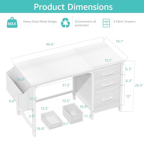 46.6-Inch White Reversible Computer Desk with File Cabinet for Home Office