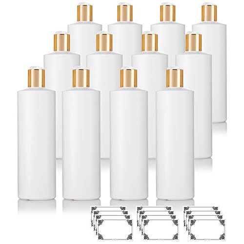JUVITUS 16 oz Large White Refillable Plastic Squeeze Bottles with Gold Disc Cap Lid (12 pack)