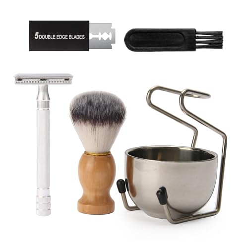 Badger Hair Shaving Brush with Wood Handle,Double Edge Safety Razor,Stainless Steel Shaving Stand and 3 Layers Shaving Bowl Perfect for Men Gift