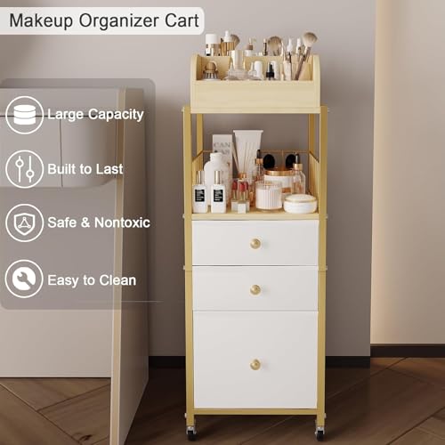 Gold Makeup Organizer Cart with Drawers & Shelves for Vanity