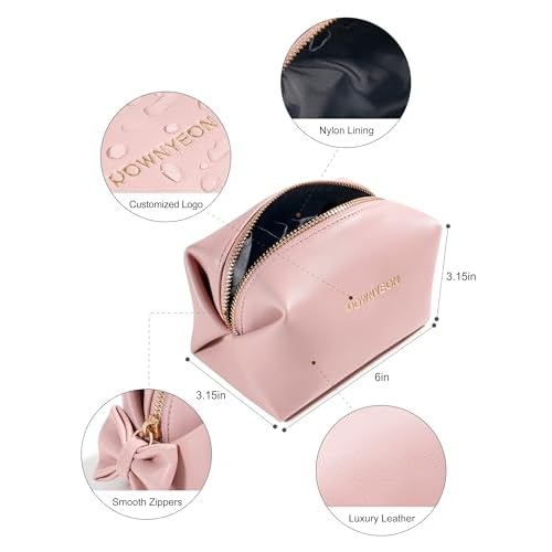 Rownyeon Makeup Bag Cosmetic Travel Toiletry Pouch Bow-knot Cute Handbag Leather Purse for Women Girls,Pink