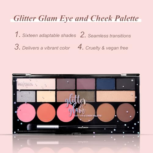 Profusion Cosmetics Glitter Glam Eye & Cheek Palette ? 16 Pigmented Matte & Shimmer Shades for Eyeshadow, Blush, Bronzer & Highlighter ? Includes Pro Brush, Vegan & Cruelty-Free