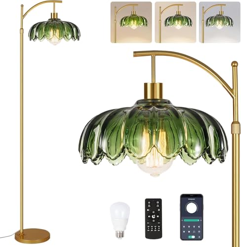 Green Glass Floor Lamp with Remote Control & Dimmable Features - Vintage Brass Standing Lamp, 65-70 Inches, Mid-Century Modern Design