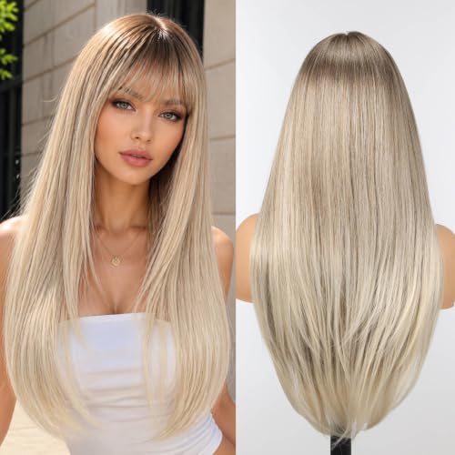 26-Inch Straight Wig with Bangs - High Crown, Realistic Scalp, Voluminous Style - Milk Ash Blond