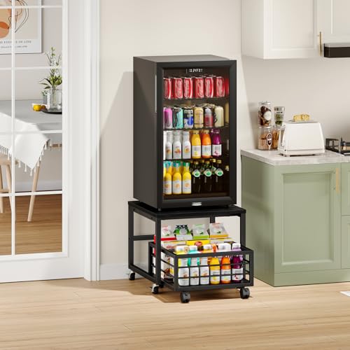 Black Mini Fridge Stand with Storage and Wheels - Adjustable Feet, Sturdy Metal Frame