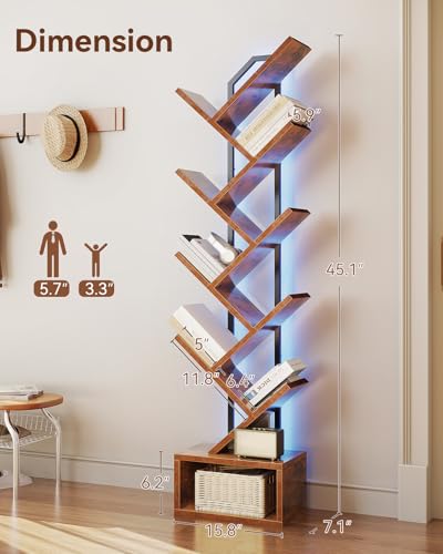 Small Vintage Tree Bookshelf with RGB LED Lights, 8-Tier Space-Saving Design