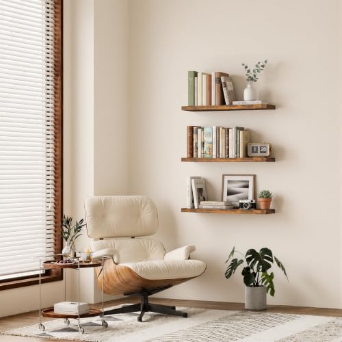 Rustic Brown Floating Shelves Set of 3 - 35.4-inch Wall Mount Wood Shelves - Americana Farmhouse Style