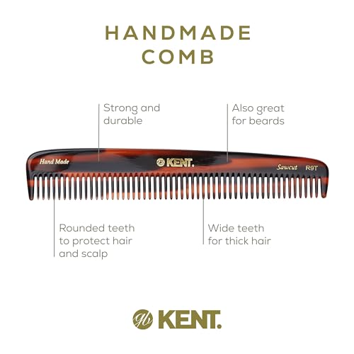 Kent R9T All Coarse Hair Detangling, Wide Teeth Dressing Table Comb for Thick Curly and Wavy Hair. Detangler Comb for Grooming and Styling, Beard and Mustache.Handmade Saw-Cut and Polished