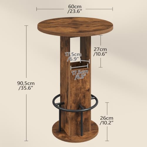 Rustic Brown Round Bar Table - 35.6" H Bistro Pub Table with Footrest