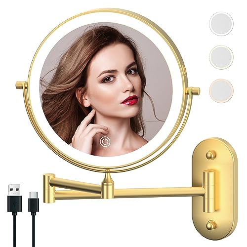 Rechargeable Wall Mounted Lighted Makeup Vanity Mirror 9 Inch Double Sided 1X 10X Magnifying Bathroom Mirror, 3 Color Lighting, Touch Screen Dimming, 360 Rotation Shaving Mirror Gold