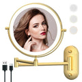 Rechargeable Wall Mounted Lighted Makeup Vanity Mirror 9 Inch Double Sided 1X 10X Magnifying Bathroom Mirror, 3 Color Lighting, Touch Screen Dimming, 360 Rotation Shaving Mirror Gold
