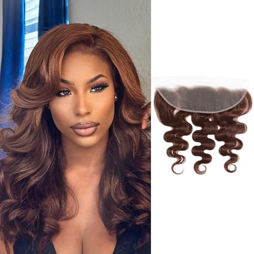 ALHER Chocolate Brown 14-Inch 13x4 HD Lace Frontal Closure Human Hair Body Wave, Pre-Plucked with Baby Hair