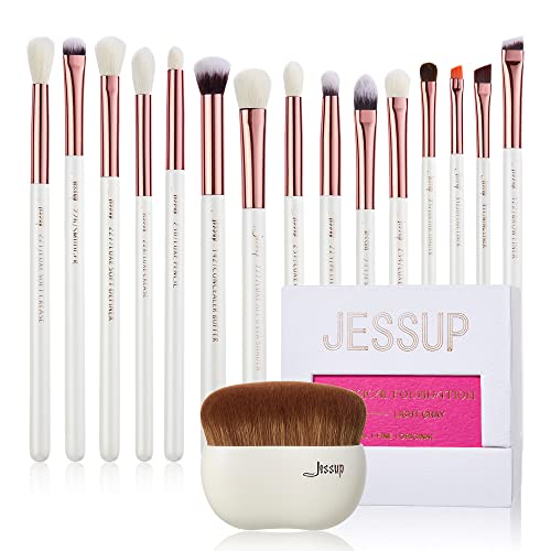 Jessup Eye Makeup Brush Set Professional 15pcs White/Rose Gold T217 with Foundation Brush Flat Top Kabuki Brush for Face Blush Liquid Powder SF002
