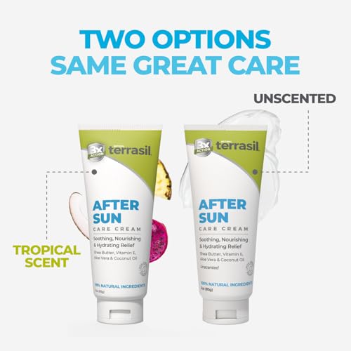terrasil After Sun Care Lotion with Aloe Vera, Shea Butter, Coconut Oil, & Vitamin E, Soothing Sunburn Relief for Sun Exposed Skin, Deeply Nourishing. Natural Body Lotion (3 oz) Tropical Scent