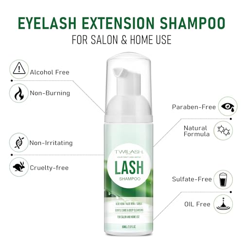 Lash Shampoo for Lash Extensions, 2 Fl Oz / 60ml - Includes 2 Brushes - Aloe Vera Scent - Eye-Friendly Foam for Salon and Home Use
