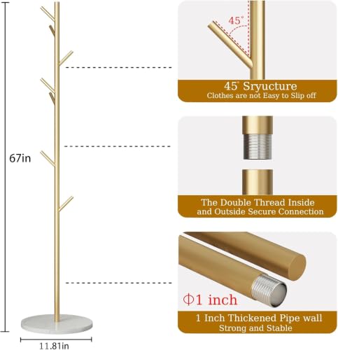 Gold Coat Rack with 8 Hooks - Branch Design, Freestanding Entryway Organizer, Gold-White Variation