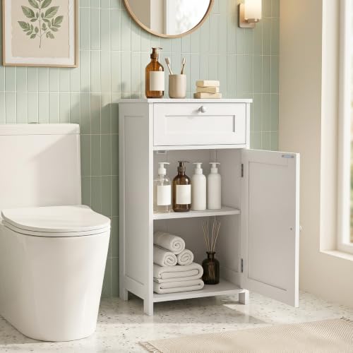 GIANTEX White Floor Bathroom Storage Cabinet 13.5"D x 17"W x 30.5"H with Door & Drawer
