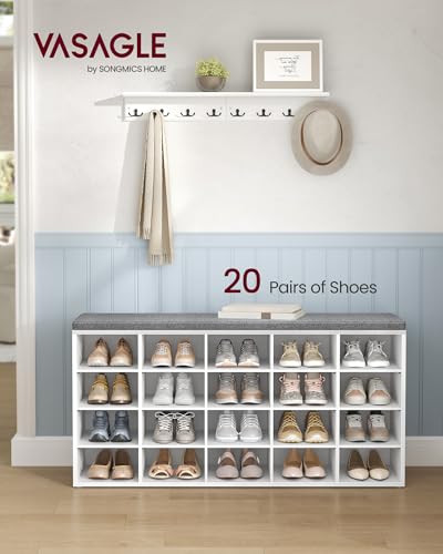 VASAGLE Shoe Storage Bench with Cushion, 20 Cubbies, White & Gray, 47.2 x 12 x 24.7 Inches