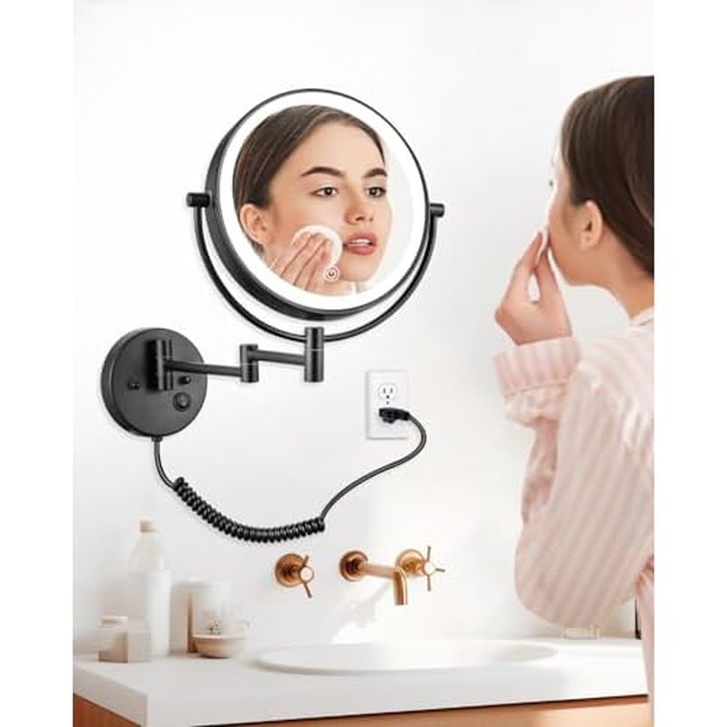 ALHAKIN 9" Wall Mounted Lighted Makeup Mirror, Large Double Sided 1X/10X Magnifying Mirror with 3 Color Lights Dimmable, 360¡Æ Rotation, Black