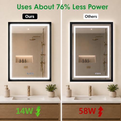22x30 Inch Black LED Bathroom Mirror with Light Frame - Shatterproof & Modern