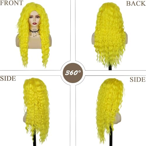 Neon Yellow Curly Wigs for Women 28 Inches Long Cosplay Party Wear