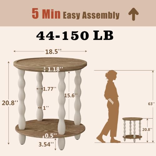 Karlott Beige Round 2-Tier Farmhouse End Table – Living Room Nightstand