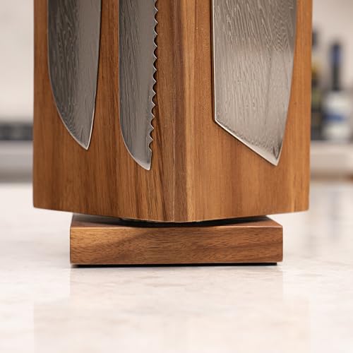 Rotating Magnetic Knife Block with Steak Knife Slots - Natural Acacia Wood, 360° Rotation