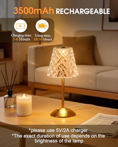 Nusogon Rechargeable Cordless Crystal Table Lamp - Gold-Diamond Touch Control