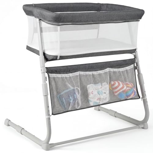 Cowiewie Dark Grey Bedside Baby Bassinet with 5-Height Adjustment, Breathable Mesh, Space-Saving Co-Sleeper